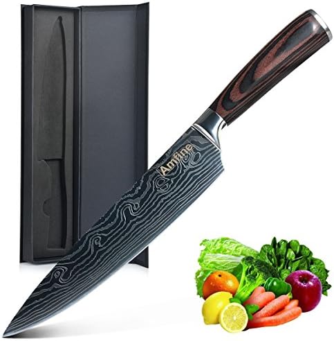 Amfine Chef Knife, Professional Chef's Knives 8 Inch High Carbon Stainless Steel Knife Seamless fit Ergonomic Wood Handle Ultra Sharp Food-class Chopping Knife Wave Pattern with Gift Box Case