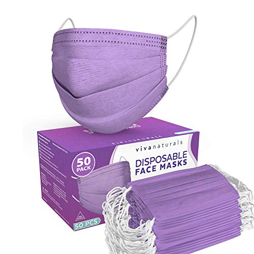 Purple Face Mask (50 Pack) Premium 4Ply Purple Mask Designed with Comfortable Earloops and