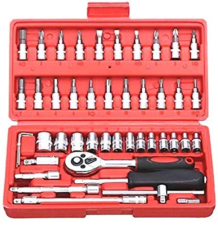 HEAVEN MART 46 In 1 Piece Tool Kit & 1/4 Inch Screwdriver Drive Socket and Bit Set Combination with Reversible Ratchet Wrench, Spinner Handle, and Extension Bar, DIY Repair Tool Kit