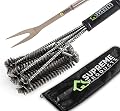 BBQ Grill Brush + Stainless Steel Fork By Home Supreme Products,18" with 3X Super Thick Brushes Long Handle. Great for Charcoal, Weber, Gas, Electric, Porcelain & Infrared FREE HANDY BAG.