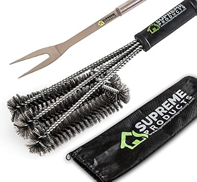 BBQ Grill Brush + Stainless Steel Fork By Home Supreme Products,18" with 3X Super Thick Brushes Long Handle. Great for Charcoal, Weber, Gas, Electric, Porcelain & Infrared FREE HANDY BAG.