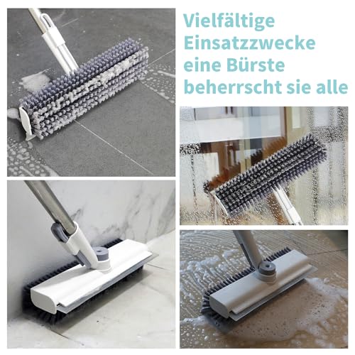 AIR U+ Scrubber with Handle - Tile Cleaner with Squeegee Floor 3 in 1, Telescopic Handle Floor Brush for Cleaning Shower, Bathroom, Patio, Pool, Garage, Kitchen, Wall and Deck