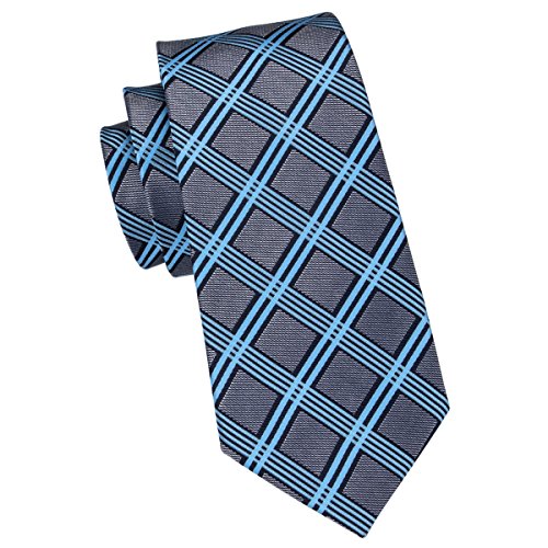 Grey Plaid Check Tie Set Mens Formal Silk Necktie with Hanky and Cufflinks - Thumbnail 3