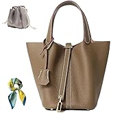 Genuine Leather Bucket Bag for Women: Lock Design Shoulder Handbag Versatile Top-Handle Tote Fashionable Vegetable Basket