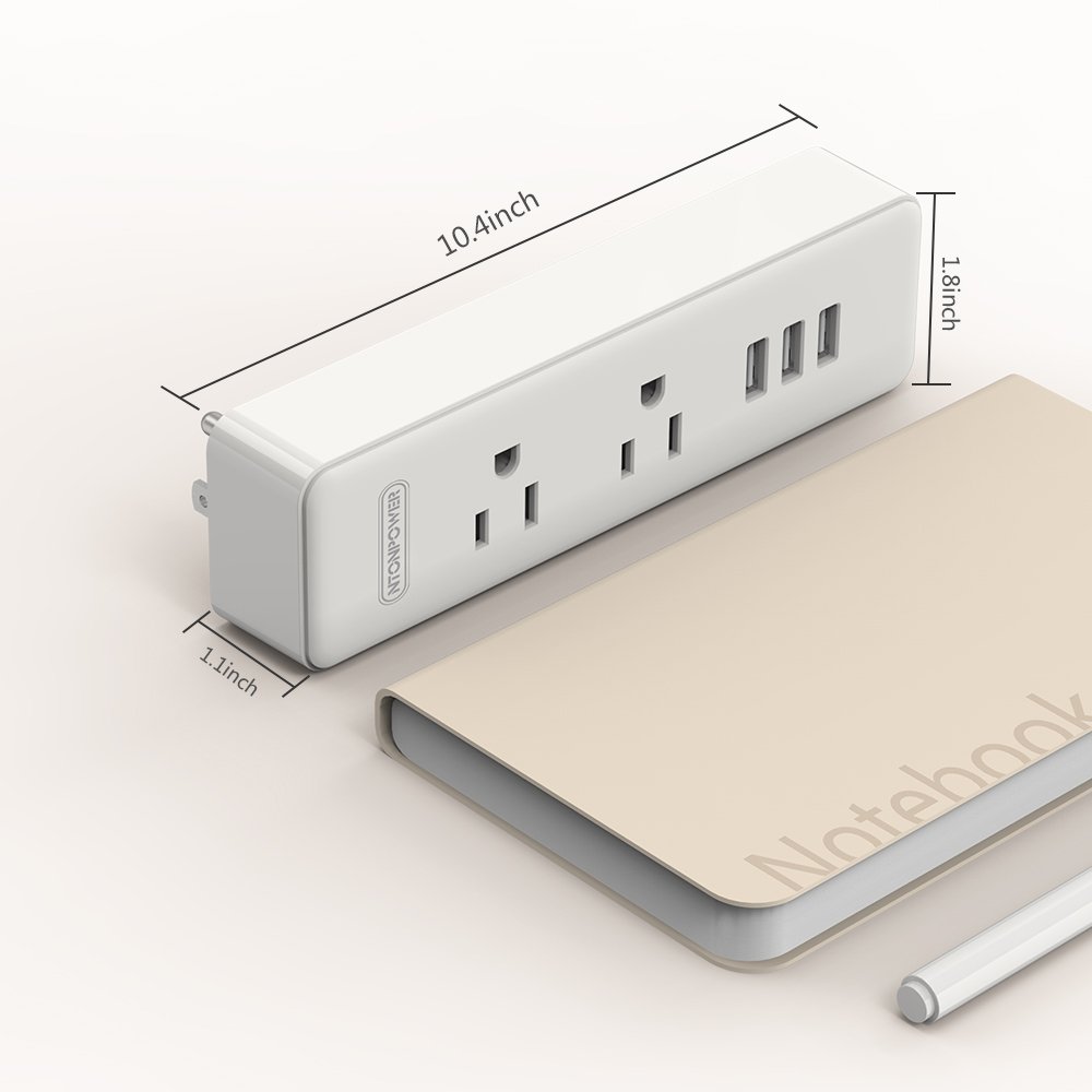 NTONPOWER Mini Power Strip 2 Outlets 3 USB Ports Cordless Design with