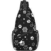 LOSTORCHI Paw Print Crossbody Sling Bags White Dog Claws and Stars on Black Background Sling Backpack for Women Men Casual Shoulder Bag Cute Animal Pet Footprint Travel Gym Sports Hiking Daypack
