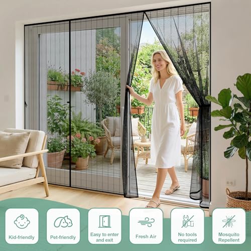 Moustiquaire Porte Magnetique,250x212cm Moustiquaire Baie Vitrée Coulissante,Aimantée Double Ouverture Latérale,Fermeture Automatique,Sans Perçage,Anti-moustiques pour Entree Balcon Salon Veranda