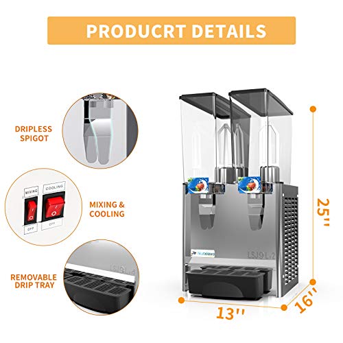 Nurxiovo Commercial Juice Dispenser - 2 Tanks 4.7 Gallon juice ice beverage Dispenser Equipped with Thermostat Controller Cooling rapidly,2.35 Gallon Per Tank,Stainless Steel - Thumbnail 2