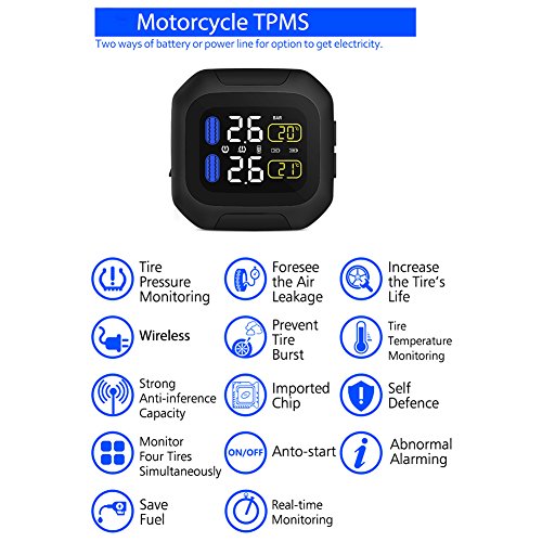 B-Qtech Tire Pressure Monitoring System Wireless Motorcycle Motorbike TPMS Universial Tires Alarm System Waterproof LCD Display with 2 External Sensors for Two-Wheeled