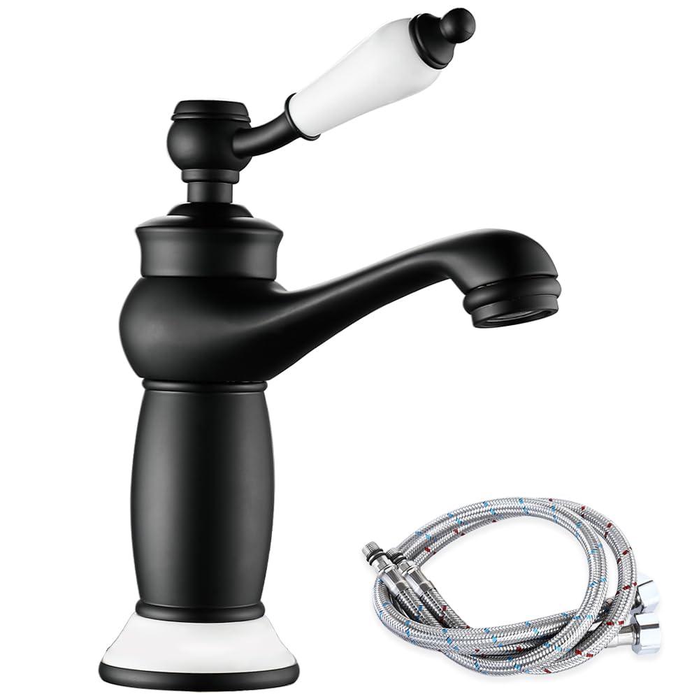 Maynosi Retro Bathroom Sink Taps, Luxury Victorian Basin Mixer Tap with Ceramic Handle, Vintage Faucet for Cloakroom, Include Flexible Tails, Brass (Matte Black)