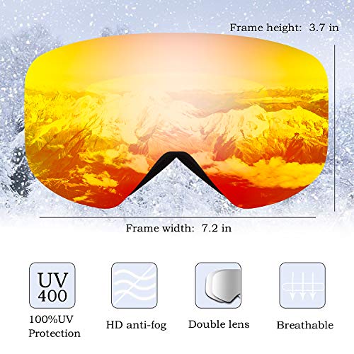 Karsaer Ski Goggles Snowboard Snow Goggles OTG Magnet Dual Layers Lens UV Protection Anti-Fog UV Protection Scratch Resistant Anti-Slip Strap for Men Women