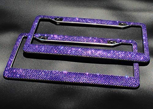 JUSHACHENGTA 8 Rows Handmade Bling Bling Rhinestones Stainless Steel Car License Plate Frame with Screws Caps-2 Pack