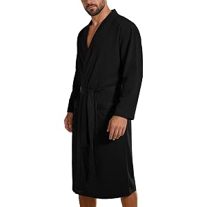 AUEZOIC Mens Knit Robe Long Sleeve Kimono Bathrobe Lightweight Soft Spa Robe Sleepwear Knee Length Lounge Robes With Pockets