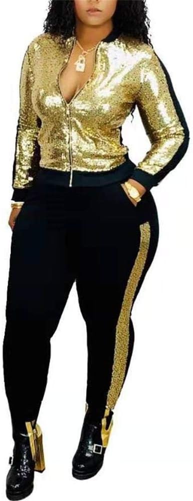 Womens 2 Piece Outfits Glitter Sequins Pullover Top + Bodycon Pants Metallic Shiny Party Clubwear Set