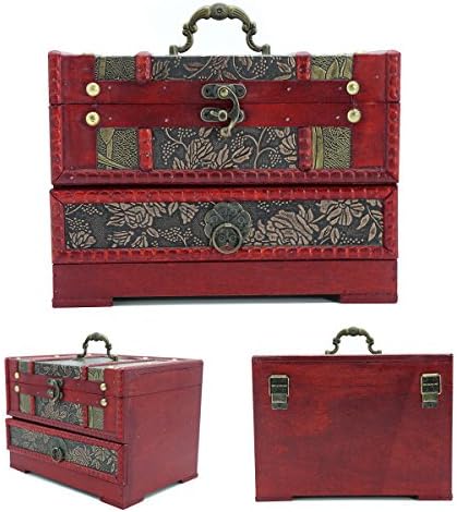 HJR Decorative Treasure Box Antique Retro Wooden Large Container Flower Carved Storage With Mirror And Lock For Wedding Gift