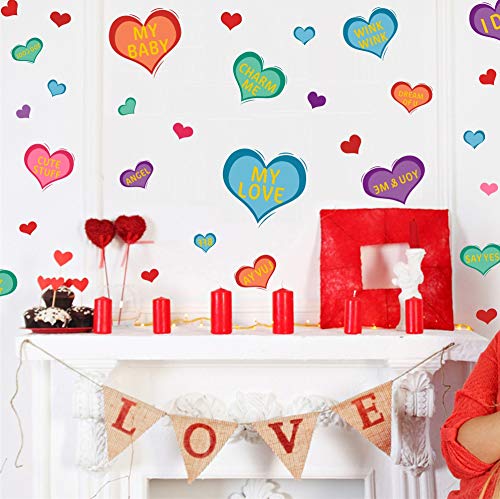TOARTi Love Heart Quotes Wall Decals(42 Decals), I Love You Stickers, Colorful Hearts Wall Art Inspirational Saying Decals for Valentine's Day Party Supplies Window Door Couple Bedroom Decor
