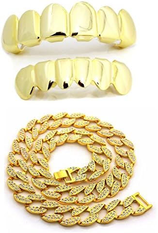 24k Gold Plated Top &amp; Smaller Bottom Set Teeth Grillz + 2 Row Iced Out Chunky Cuban Link Chain Set