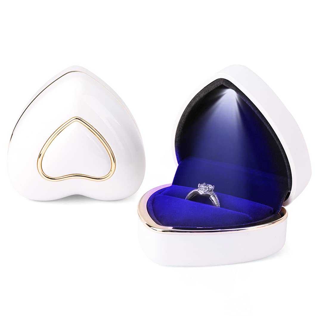 Rolin Roly Ring Box with LED Light Engagement Velvet Gift Rings Box Jewelry Displays Boxes Heart Shaped Ring Box for Proposal Weddings Birthday Anniversary (White Heart Ring Box)
