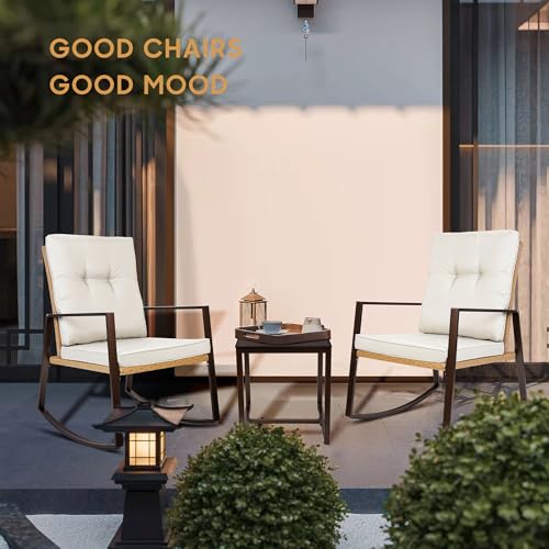 YIYAN 3 Pieces Patio Bistro Set Outdoor Rattan Wicker Rocking Chairs Set,Patio Outdoor Furniture Conversation Sets with Sofa Chairs,Glass Coffee Table and Washable Cushion (Light Beige)