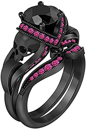 DS Jewels 14k Black Gold Plated Alloy 1.10 CT Created Black Diamonds &amp; Created Pink Saphire Round Skull Ring-Wedding Band Engagement Bridal Ring Set Fashion Ring for womens Free Size 4 to 11