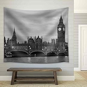 Westminster Bridge with Big Ben in London, Black and White Version. - Fabric Wall Tapestry Home Decor - 51x60 inches