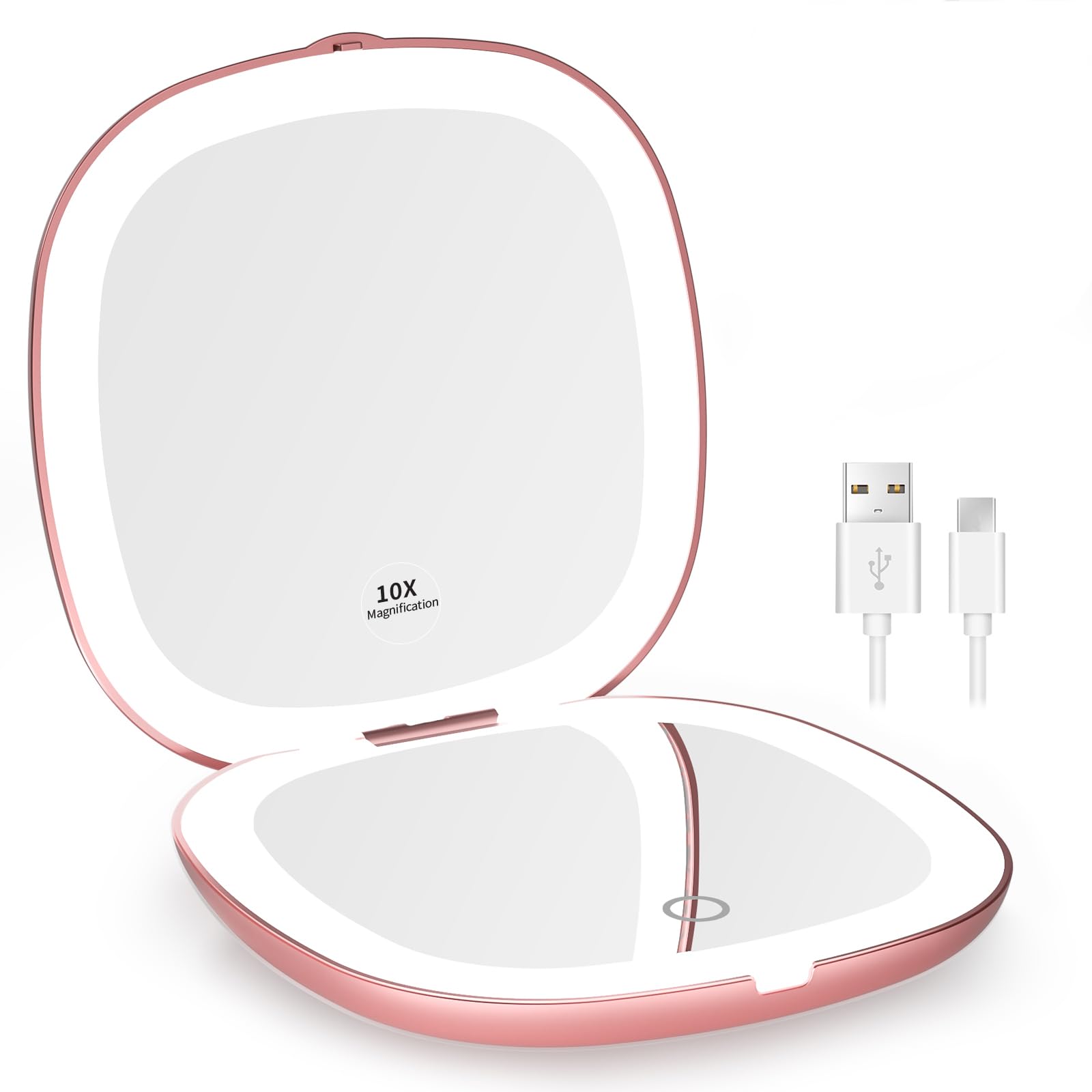 WOBSION Travel Mirror with Light for Makeup, 1x/10x Magnifying Compact Mirror for Handbag, 10cm Rechargeable Pocket Mirrors, 2-Side Dimmable Led Light up Mirrors, Handheld, Gifts for Women, Rose Gold