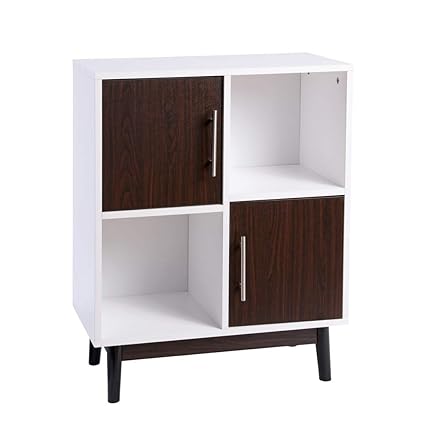 Fivegiven Small Accent Storage Display Cabinet With 2 Doors 2 Cubes For Entryway White Brown Walnut Amazon In Home Kitchen