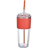 Copco Lock-n-Roll Double Wall Tritian Spill-Proof Tumbler with Soft Grip Sleeve and Patented Flip Up Straw, 20-Ounce, Coral