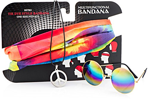Hippie Costume Set for Women & Men. Kit Includes Sunglasses, Peace Sign Necklace & Headband To Make You The Hit Of The Party