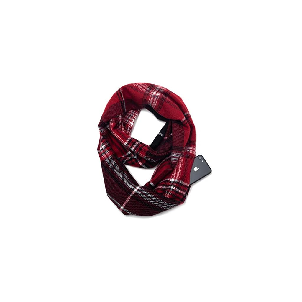Travel Scarf with Zipper Pocket Knitting Plaid Tartan Scarves for Women
