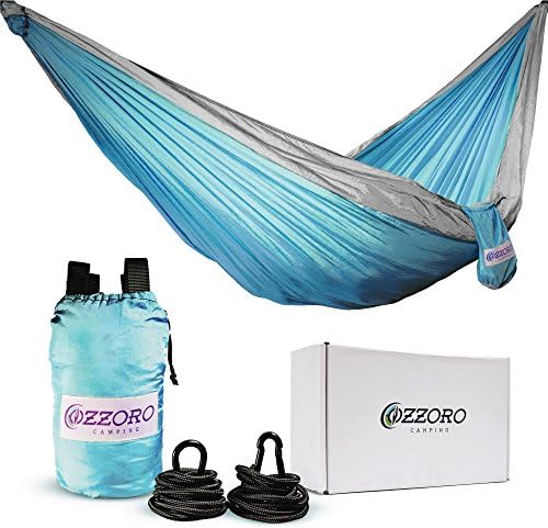 OZZORO Camping Double Parachute Hammock with 9 Feet Straps and Carabiners - Blue / Light Gray