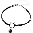 POYAMUSE Gothic Hollow Cat Choker Necklace for Women - Double Layer Velvet Choker with Bell Pendant