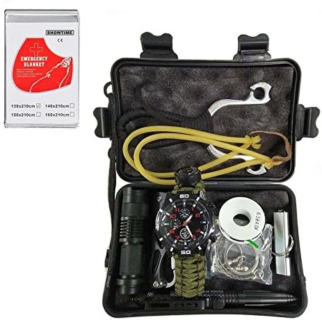 UNeefull Emergency Survival Kits 10-in-1, Multi Professional Tools Outdoor Gear Kit With Mutil-Function Watch,Fishing line with hook (6.3m), Slingshot Mutil-Function Watch,Fishing Line With Hook