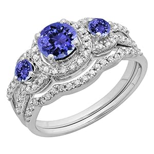 Round Gemstone & White Diamond Ladies 3 Stone Halo Bridal Engagement Ring With Matching Band Set, 14K White Gold