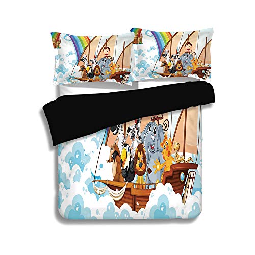 iPrint Black Duvet Cover Set Full Size,Children,Many Animals on a Boat Ark in Fluffy Clouds with Rainbow Fantasy Cartoon,Multicolor,Decorative 3 Pcs Bedding Set by 2 Pillow Shams