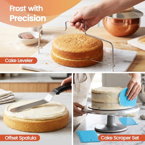 RFAQK Cake Tins for Baking 100 Pcs Springform Cake Tins Kit Includes 3 Round Non-Stick Cake Pan (4,7,9 inches Baking Tins)-Piping Bags and Nozzles-Leveler–Leak Proof Cheesecake Tin-Bakeware & EBook…