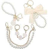 LIUZONGIN 4 Pcs Pearl Purse Chain Gold Metal Bag Extender Chain Short Purse Strap Extender Replacement with Cherry Blossom Bag Charm White Bow Pendant