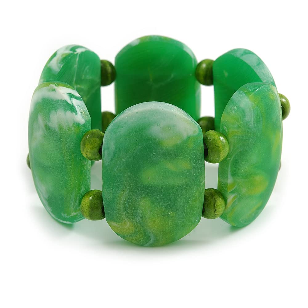 Avalaya Wide Chunky Resin/Wood Bead Flex Bracelet in Green/White - M/L
