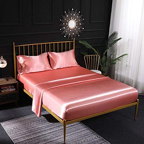 YOUHA Satin imitate Silk Bed Sheet Flat Elastic Fitted Sheet King Queen Twin US UK Mattress Cover Slip Bedspread Bed linen Pillowcase US-F 138x190x40cm deep pink