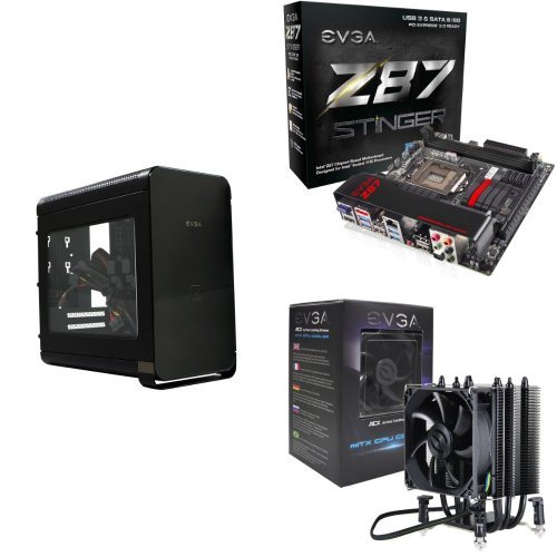 EVGA Hadron Air Mini-ITX Steel Black Chassis with 500W 80Plus Gold Power Supply, Black 110-MA-1001-K1 with EVGA Z87 Stinger Haswell LGA 1150 Mini-ITX 2 DIMM Dual-Channel DDR3 2666MHz+ Motherboard (111-HW-E872-KR) and EVGA mITX 92mm, Sleeve, Direct Touch 4 Heat Pipe, Intel Socket 1150/1155/1156 ACX CPU Cooler 100-FS-C901-KR