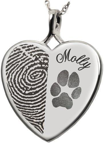 Actual Pawprint or Noseprint Heart Memorial Necklace (Half Fingerprint &amp; Pawprint + Back Text Engraving, Platinum)