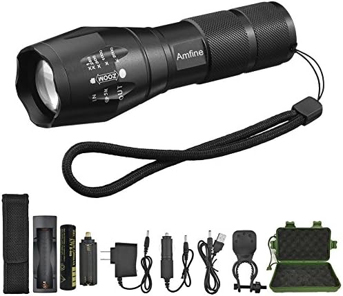 LED Tactical Flashlight Portable Ultra Flashlight Adjustable Focus and 5 Light Modes 1000 Lumen Outdoor Water Resistant Handheld Torch and Rechargeable 18650 Lithium Ion Battery with Car Charger