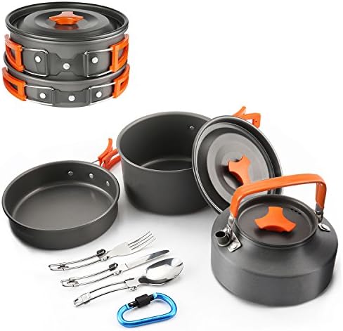 FLYTON Camping Cookware Outdoor Cooking Mess Kit Portable Lightweight Pots Pans Water Kettle Set for Backpacking Hiking Trekking Picnic Fishing Mountaineering