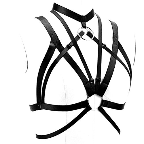 Women Body Harness Bra Waist Belt Strappy Crop Tops Goth Punk Pentagram Festival Rave Bralette (Black O0491)