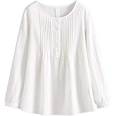 Minibee Women's Scoop Neck Pleated Blouse Solid Color Lovely Button Tunic Shirt