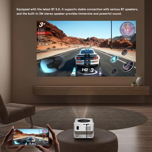 Proyector Portátil Inteligente WiFi Bluetooth, 4K Soportado Nativo 1080P con Android 11, Soporte Giratorio, Compatible con Teléfonos Móviles, para Cine en Casa y Camping al Aire Libre