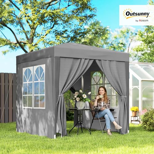 Outsunny 6.6'x6.6' Pop Up Canopy Tent with Sidewalls, Instant Sun Shelter Camping Gazebo with Carry Bag, for Outdoor, Garden, Patio, Grey