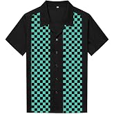 Anchor MSJ Men's Bowling Shirt Camp Collar Shirt | Camp Collar Shirt Checkerboard Vertical Panel Design, Retro Rockabilly Racing Casual Shirt