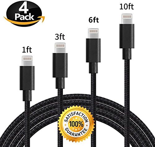 Lightning Cable, ANLOER 4 Pack 1FT 3FT 6FT 10FT Durable Nylon Braided Cord Lightning to USB Cable Charger for Apple iPhone 7/7 Plus/6/6s/6Plus/6s Plus/5/5c/5s/SE,iPad iPod Nano iPod Touch (Black)