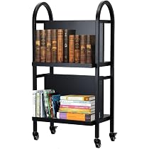 Locking Caster Cart 2-Tier Rolling Library Book Cart - Black Steel Cart ...
